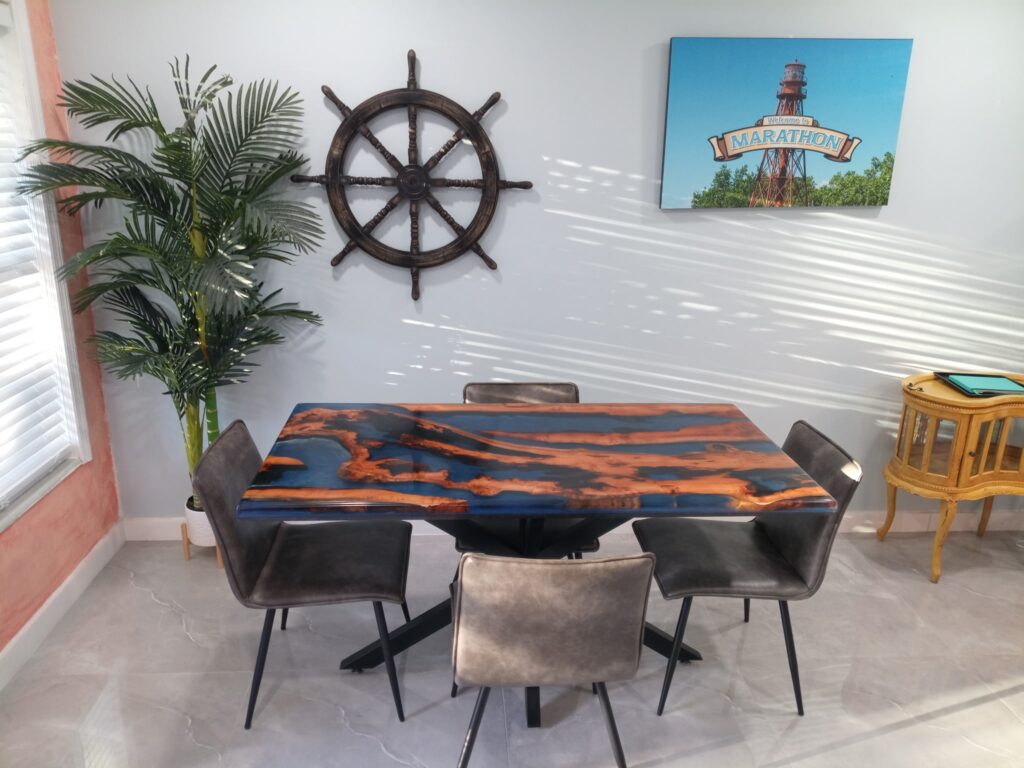 Combs Coastal Woodworking created a second life for this storm-salvaged, Florida Keys wood as a family dining table